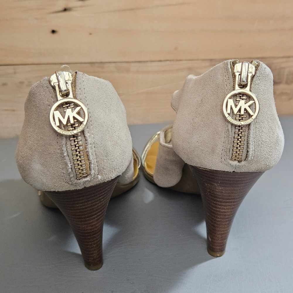 Michael Michael Kors Tan Suede Metallic Gold Cone Heel Sandals 6.5M - Picture 7 of 14